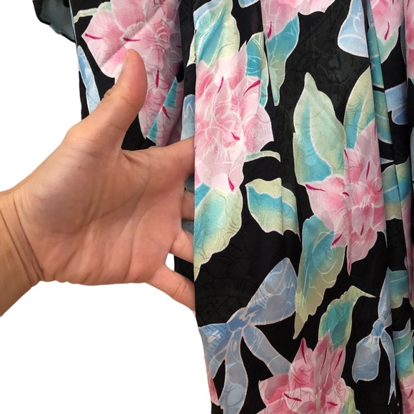 VTG Christian Dior Kimono Sleeve Satin Robe Pink Black Teal Floral Sz L Made USA - Picture 4 of 10